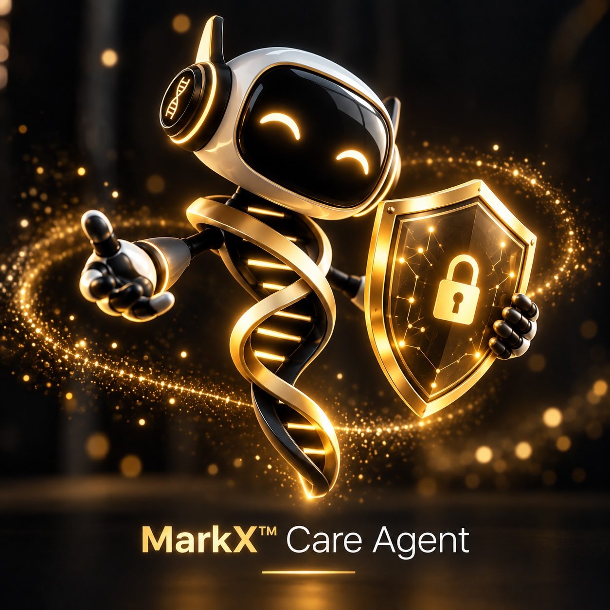 Key Visual „MarkX™ Care Agent“: ein goldener Roboter mit Headset und Prüfsiegel-Schild, umkreist von einer Helix. Untertitel: Support. Wartung. Updates. Automatisch.