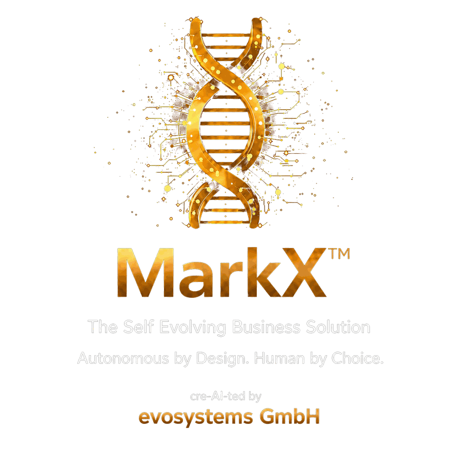 MarkX™ logo – golden DNA helix with the tagline “The Self Evolving Business Solution”