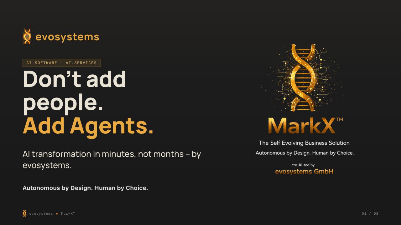 Title slide of the sales presentation: “Don’t add people. Add Agents.” with the MarkX™ logo